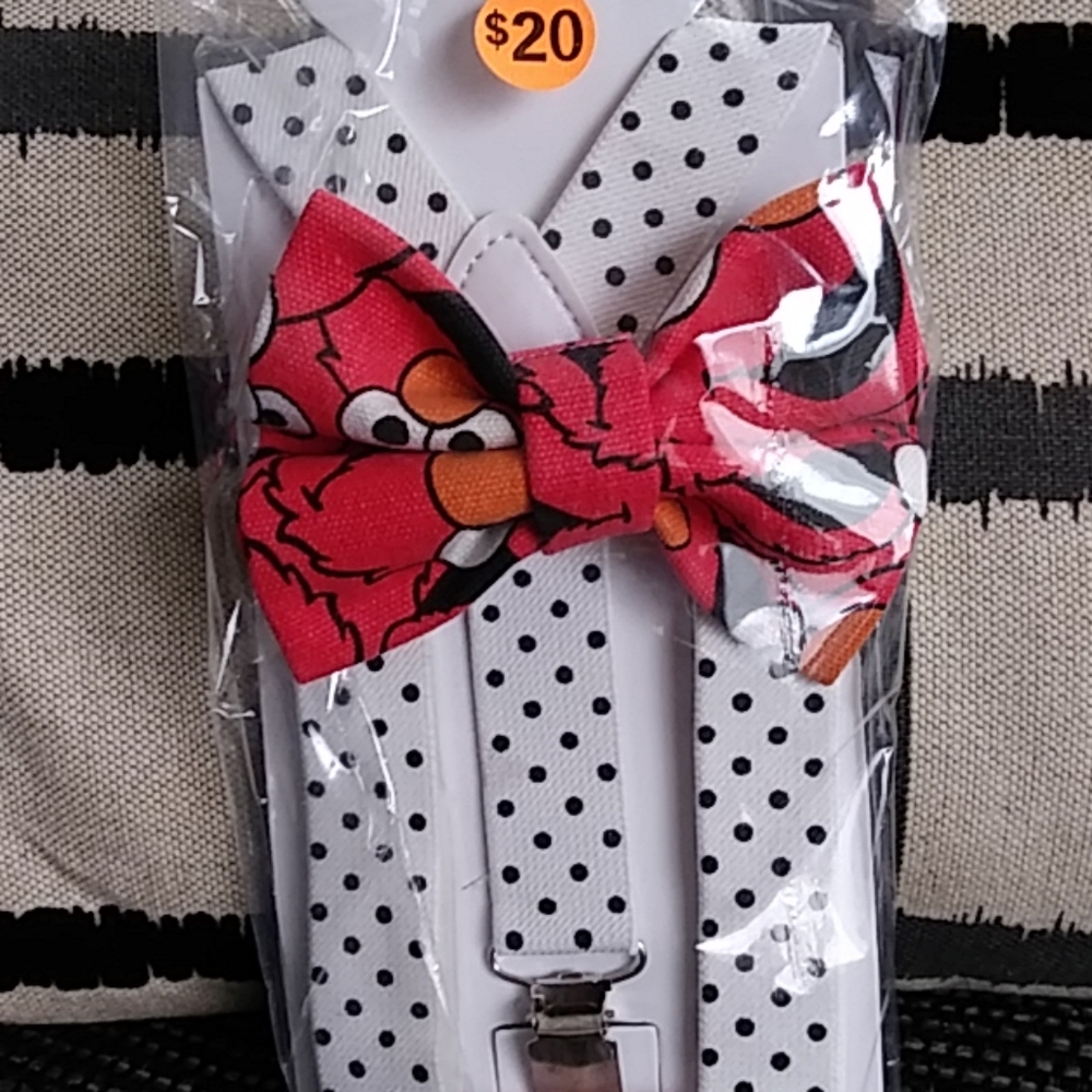 Hand made Elmo bowtie with suspenders